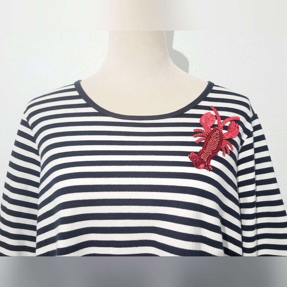 Quacker Factory Lobster Sequin Nautical Striped Top Women Size Large 3/4 Sleeve - Picture 4 of 12